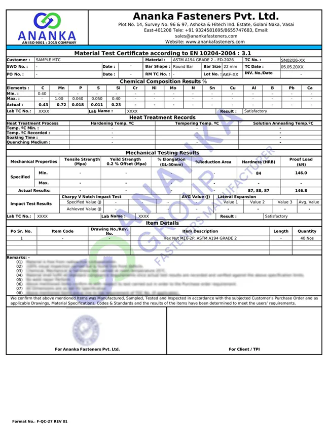 ASTM A194 Grade 2 & 2M EN 10204 3.1 Sample Material Test Certificate preview