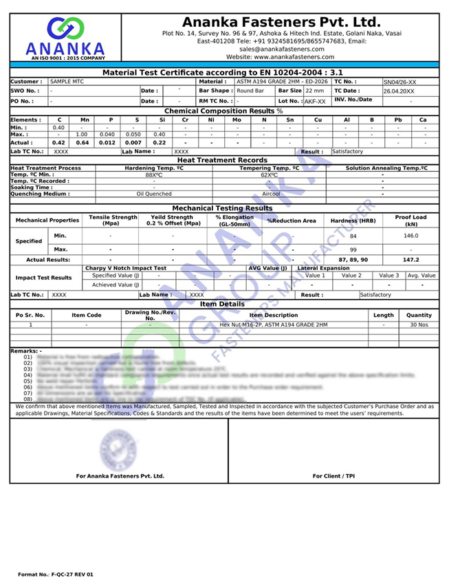 ASTM A194 Grade 2HM EN 10204 3.1 Sample Material Test Certificate preview