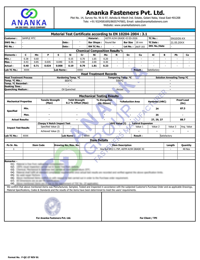 ASTM A194 Grade 43 Nuts MTC Certificate Sample Preview