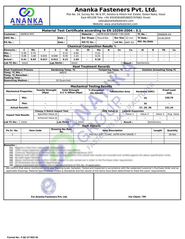 ASTM A194 Grade 7 EN 10204 3.1 Sample Material Test Certificate preview