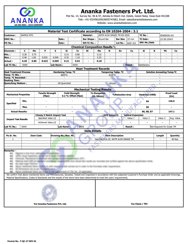 ASTM A194 Grade 7M EN 10204 3.1 Sample Material Test Certificate preview