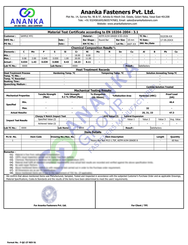 ASTM A194 Grade 8 EN 10204 3.1 Sample Material Test Certificate preview