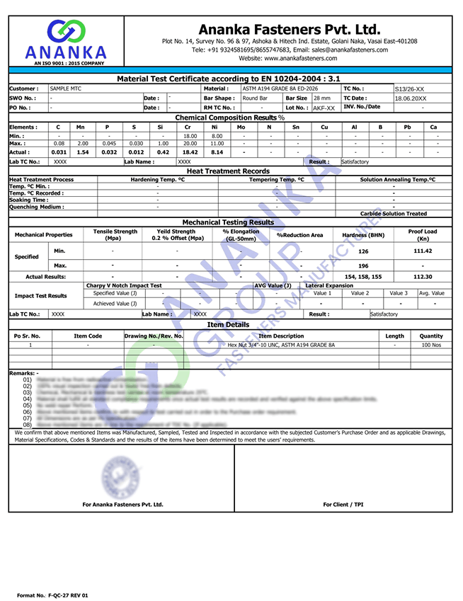 ASTM A194 Grade 8A EN 10204 3.1 Sample Material Test Certificate preview