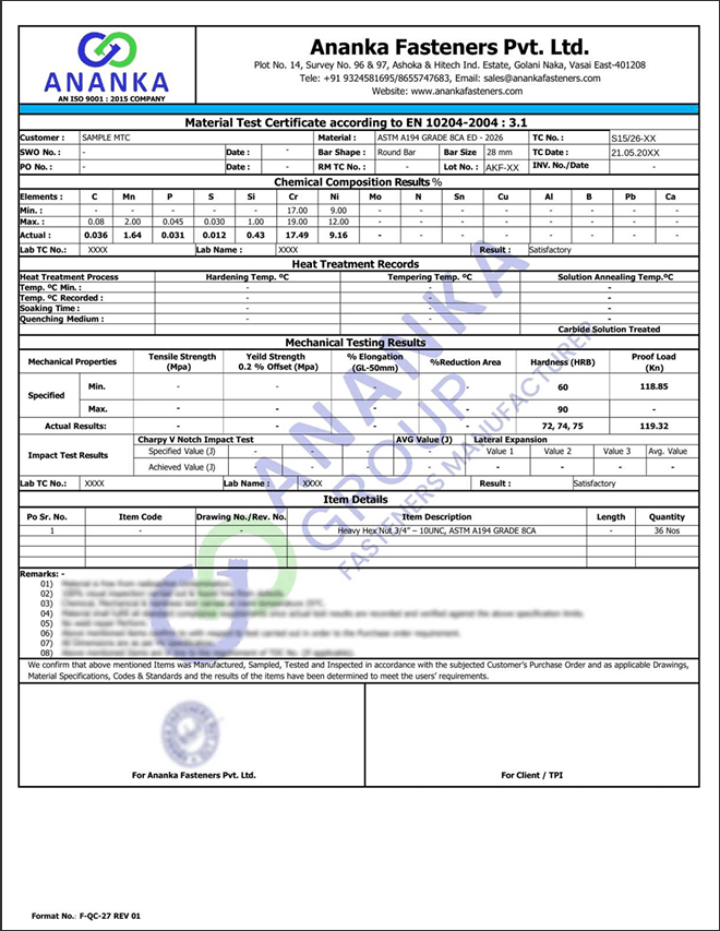 ASTM A194 Grade 8CA MTC Preview