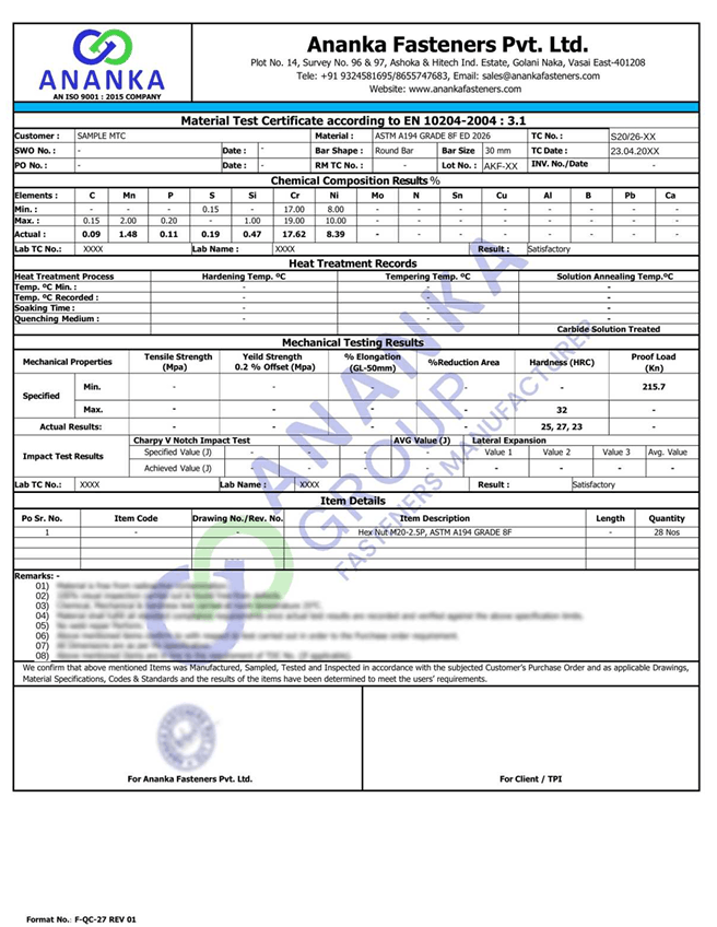 ASTM A194 Grade 8F EN 10204 3.1 Sample Material Test Certificate preview