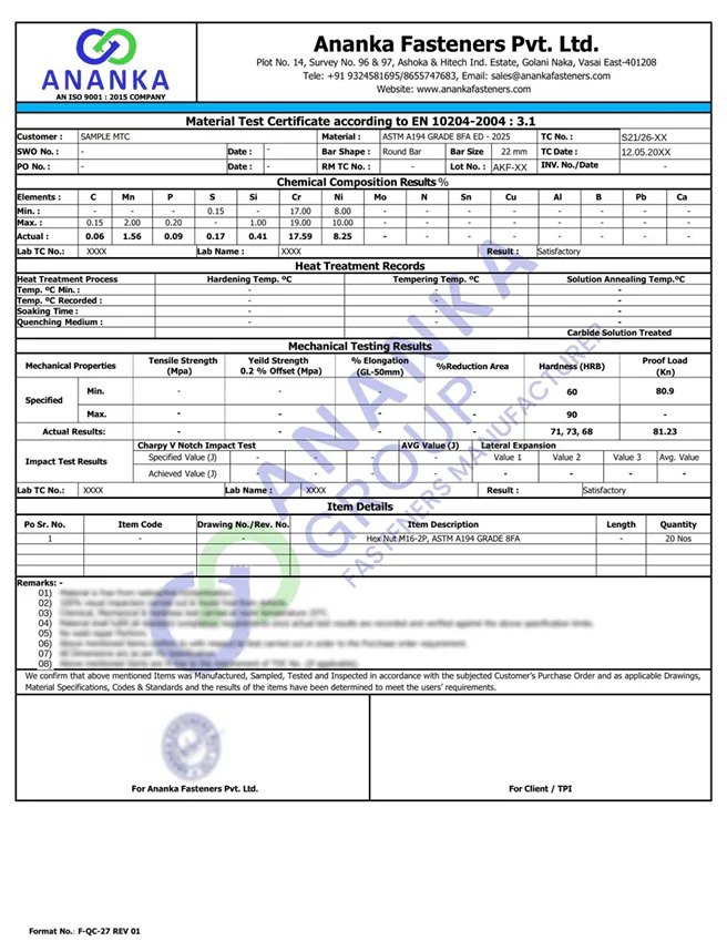 ASTM A194 Grade 8FA EN 10204 3.1 Sample Material Test Certificate preview