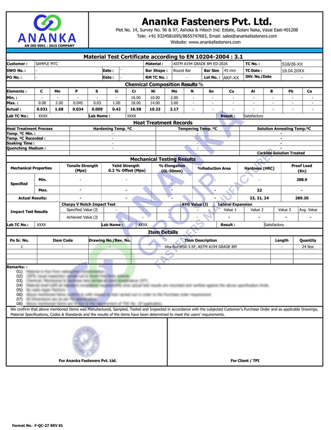 ASTM A194 Grade 8M EN 10204 3.1 Sample Material Test Certificate preview