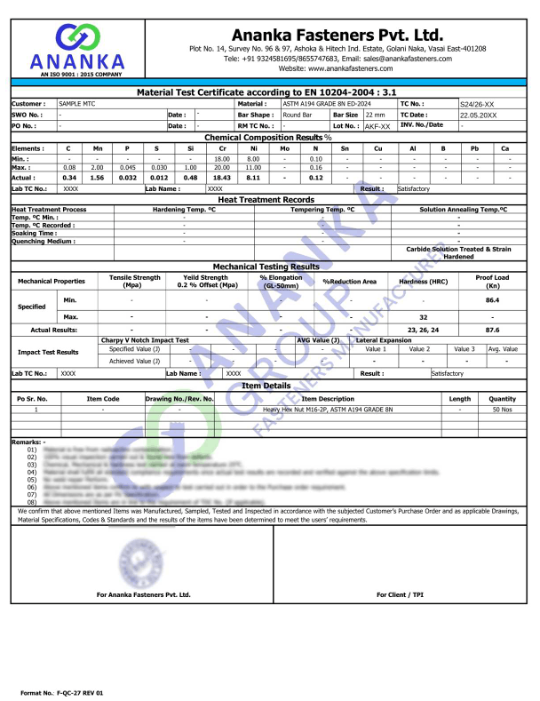 ASTM A194 Grade 8N EN 10204 3.1 Sample Material Test Certificate preview