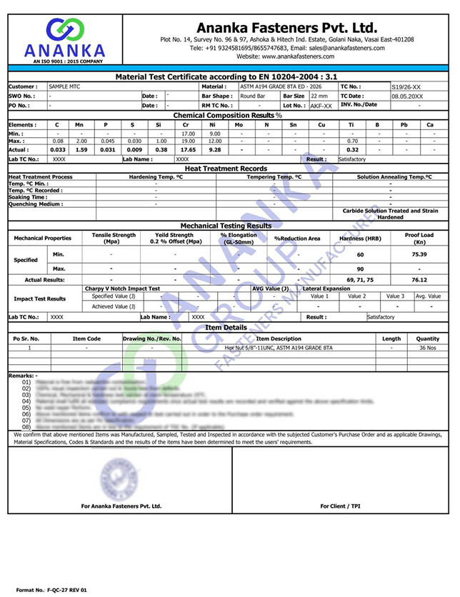 ASTM A194 Grade 8TA EN 10204 3.1 Sample Material Test Certificate preview