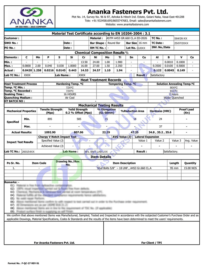 ASTM A453 Grade 660 A286 EN 10204 3.1 Sample Material Test Certificate preview