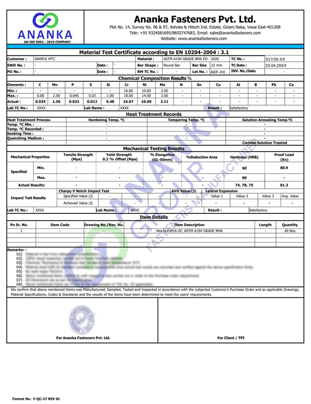 ASTM A194 Grade 8MA EN 10204 3.1 Sample Material Test Certificate preview
