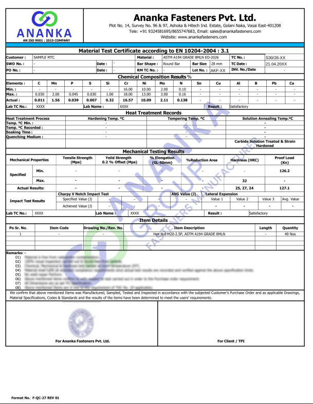 ASTM A194 Grade 8MLN EN 10204 3.1 Sample Material Test Certificate preview