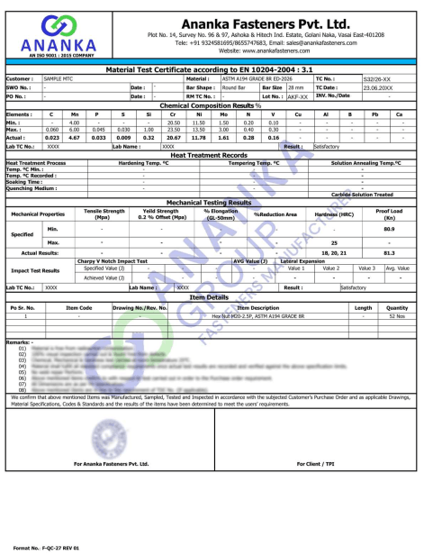ASTM A194 Grade 8R EN 10204 3.1 Sample Material Test Certificate preview