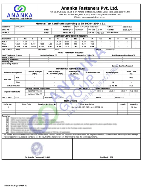 ASTM A194 Grade 8R EN 10204 3.1 Sample Material Test Certificate preview