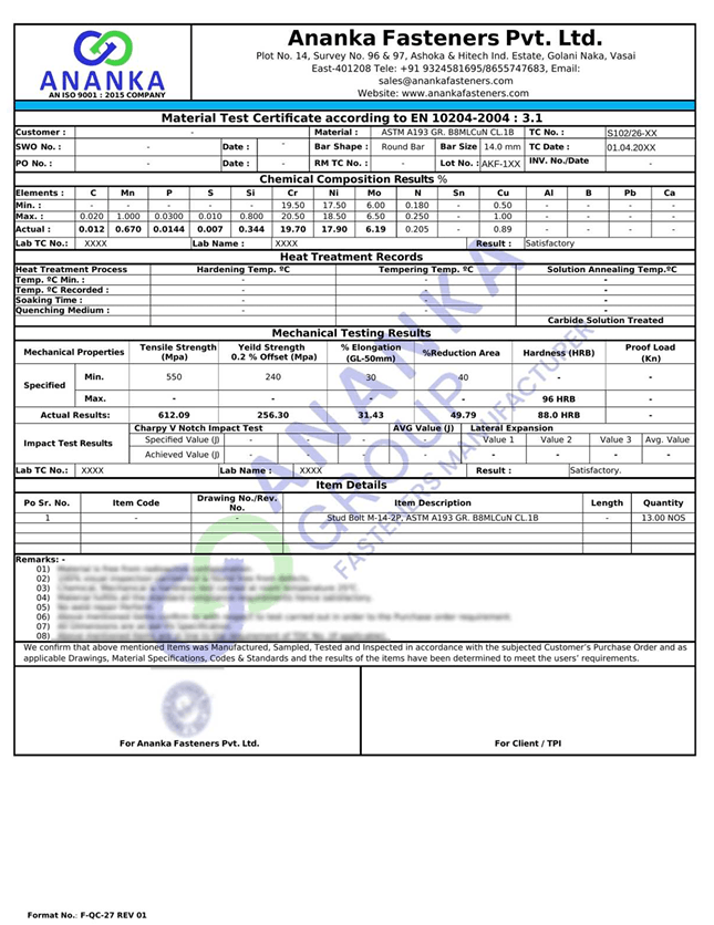 254 SMO EN 10204 3.1 Sample Material Test Certificate preview