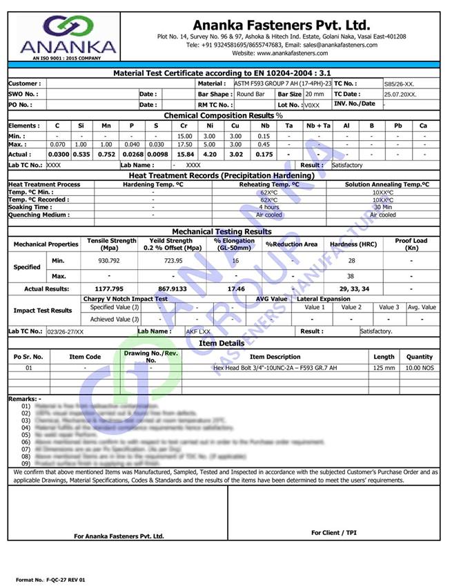 17-4 PH EN 10204 3.1 Sample Material Test Certificate preview