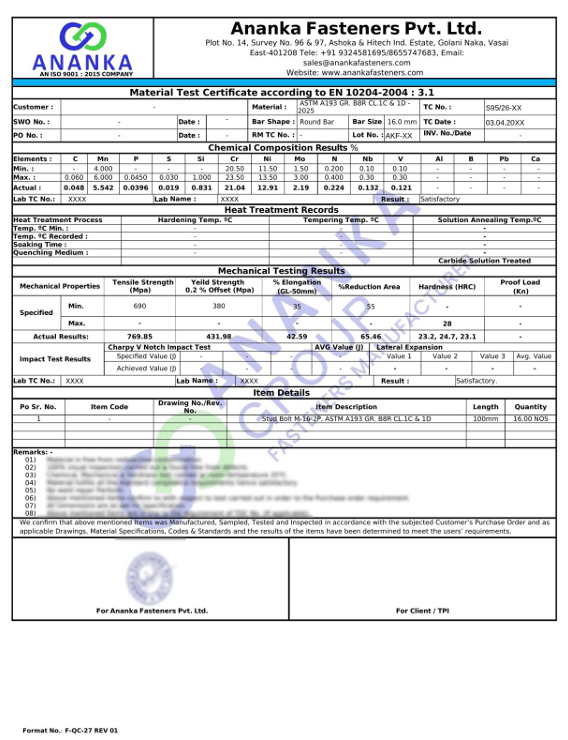 ASTM A193 Grade B8R and B8RA EN 10204 3.1 Sample Material Test Certificate preview