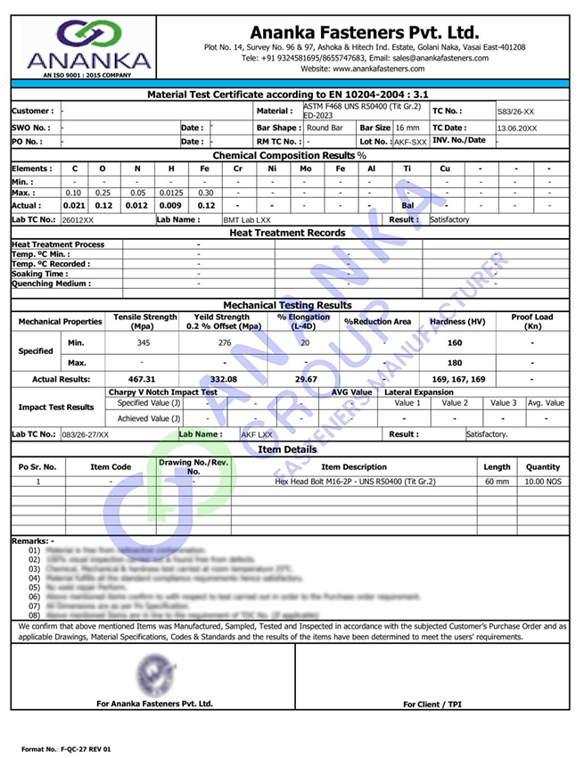 Titanium Grade 2 UNS R50400 EN 10204 3.1 Sample Material Test Certificate preview