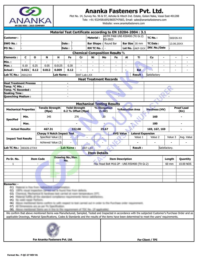 Titanium Grade 2 UNS R50400 EN 10204 3.1 Sample Material Test Certificate preview