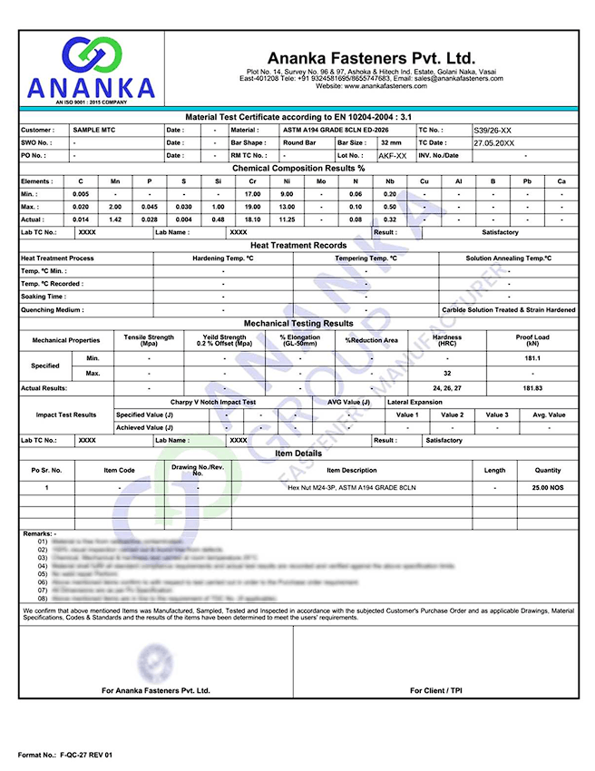 ASTM A194 Grade 8CLN EN 10204 3.1 Sample Material Test Certificate preview