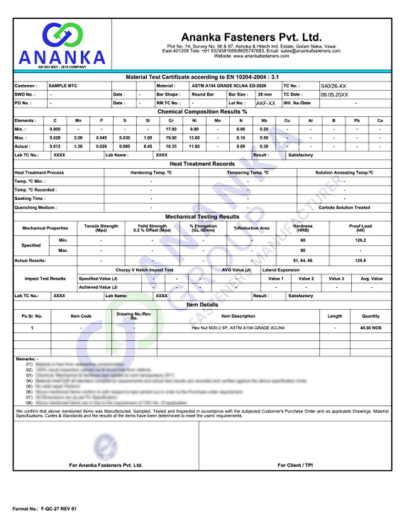 ASTM A194 Grade 8CLNA EN 10204 3.1 Sample Material Test Certificate preview