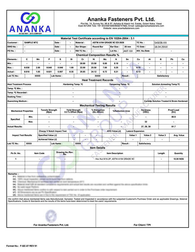 ASTM A194 Grade 9C EN 10204 3.1 Sample Material Test Certificate preview