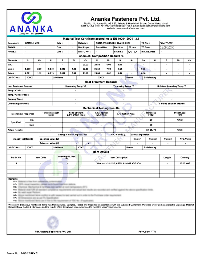ASTM A194 Grade 9C EN 10204 3.1 Sample Material Test Certificate preview