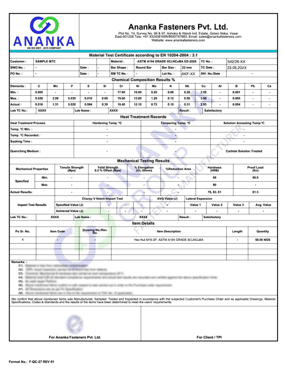 ASTM A194 Grade 8CLNCuBA EN 10204 3.1 Sample Material Test Certificate preview