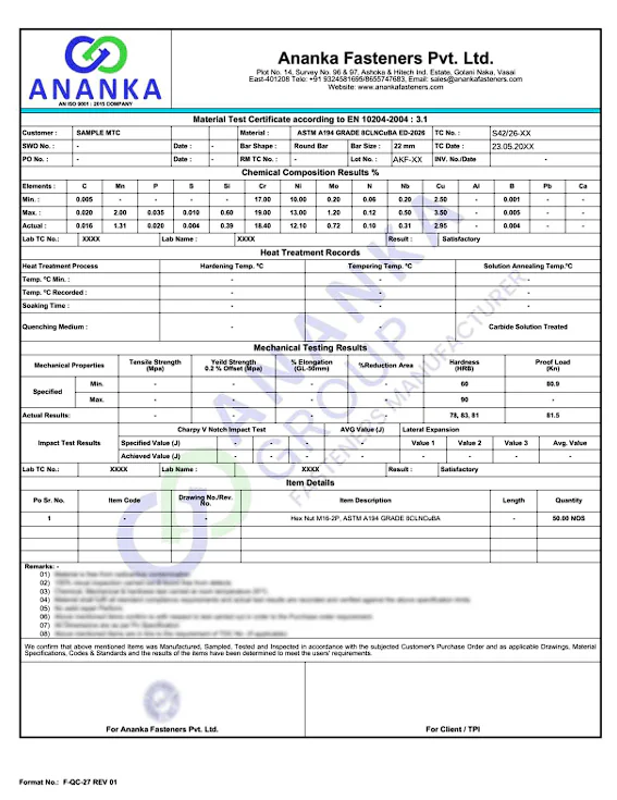 ASTM A194 Grade 8CLNCuBA EN 10204 3.1 Sample Material Test Certificate preview