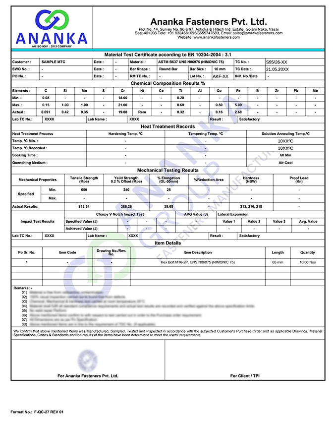 Nimonic 75 EN 10204 3.1 Sample Material Test Certificate preview
