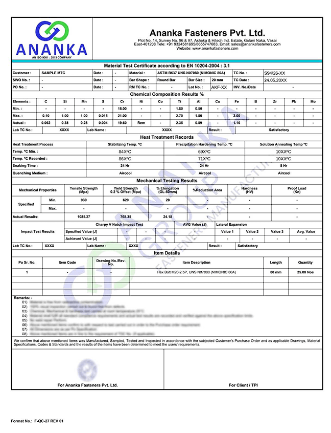 Nimonic 80A EN 10204 3.1 Sample Material Test Certificate preview