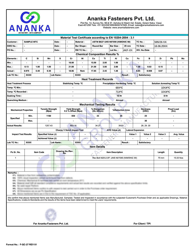 Nimonic 90 EN 10204 3.1 Sample Material Test Certificate preview